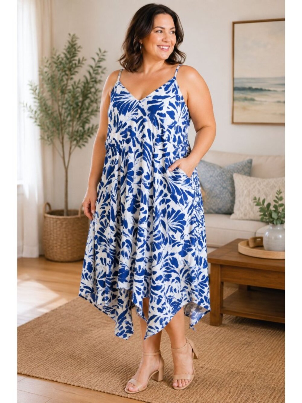 ALEXIS For TARGET Blue & White Botanical Tie Strap Midi Dress Size 2X
